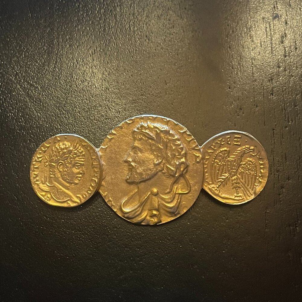 Vintage Gold Tone Brooch with Roman Empire Inspired Coins